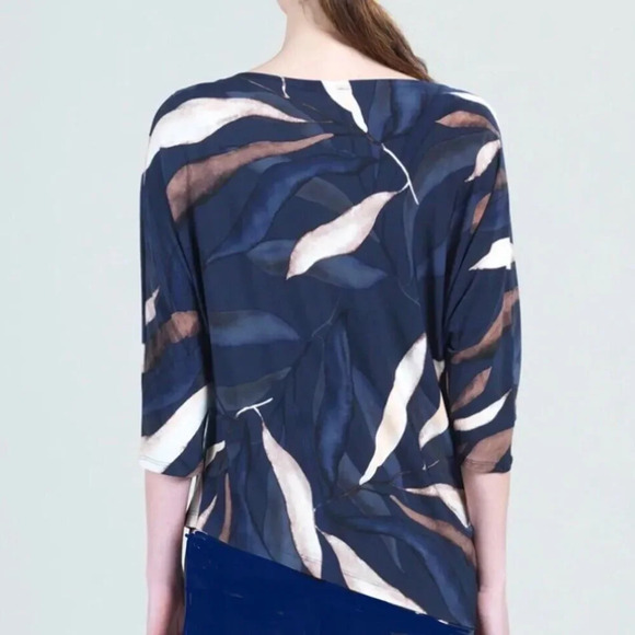 CLARA SUN WOO Tunic Top Women’s Sz L Moonlit Palm Leaves Print Angled Hem Blouse - Picture 2 of 5